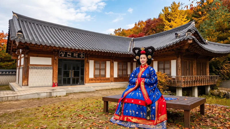 상천역우 마당 평상에 앉은 왕비 심청색 적의