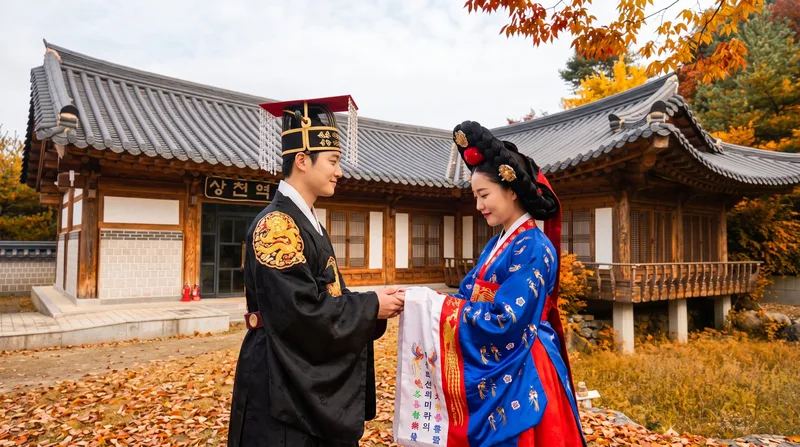 상천역우 앞에서 마주 선 왕과 왕비